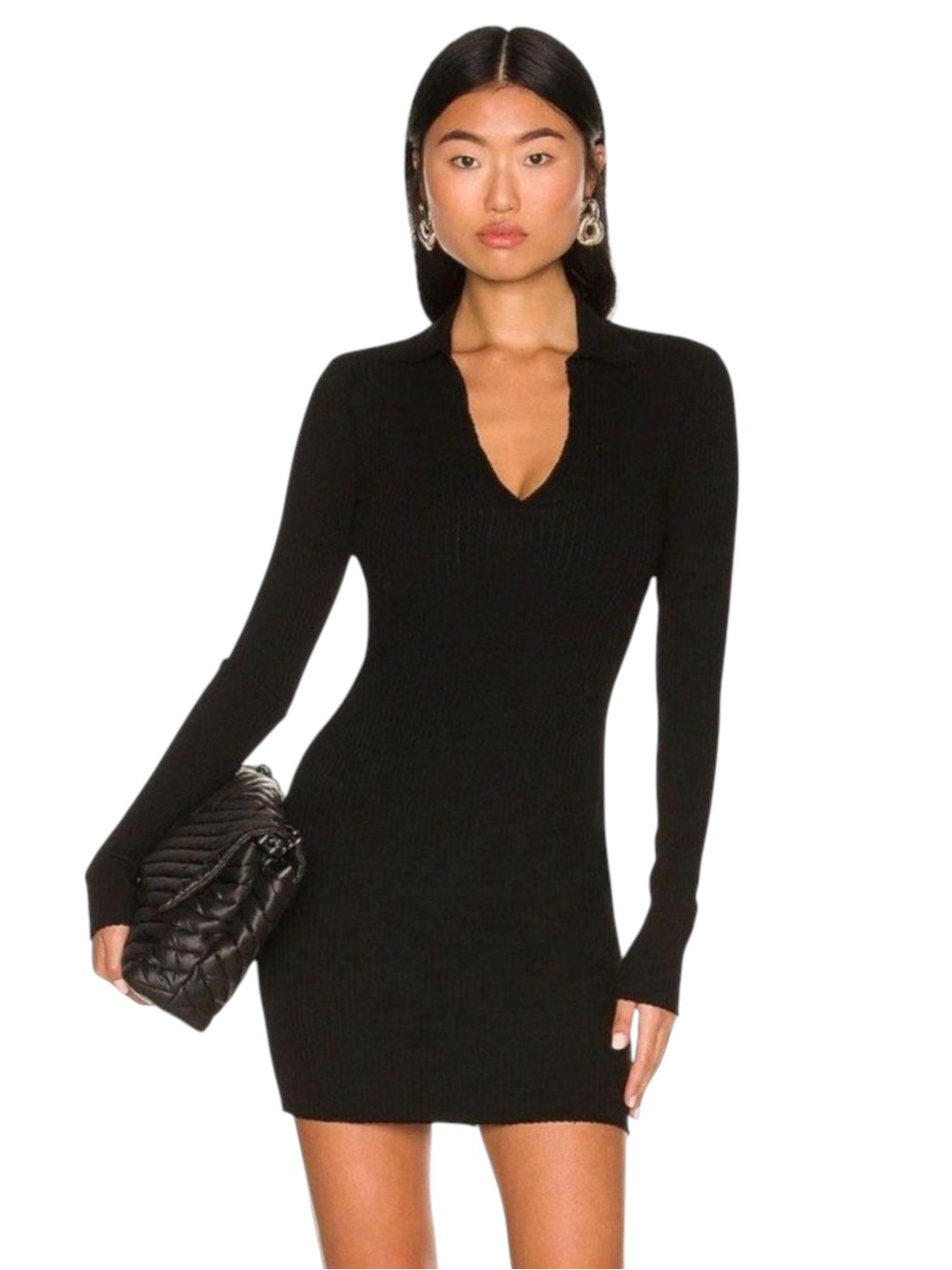 Cotton Citizen Black Ribbed V‑Neck Long Sleeve Mini Dress NWT Size M